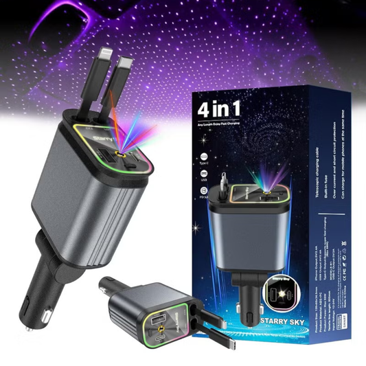 Chargeur de voiture intelligent 4 en 1 avec câbles intégrés et éclairage étoilé - شاحن سيارة ذكي 4 في 1 مع كابلات مدمجة وإضاءة ستارية مميزة