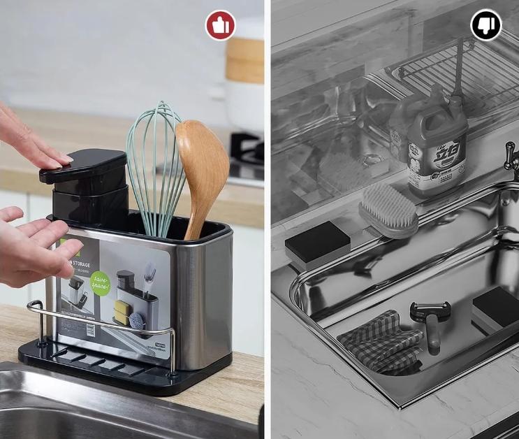 Organisateur d’évier 3-en-1 avec distributeur de savon et brosse - منظم حوض المطبخ الذكي 3 في 1 مع موزع صابون وفرشاة