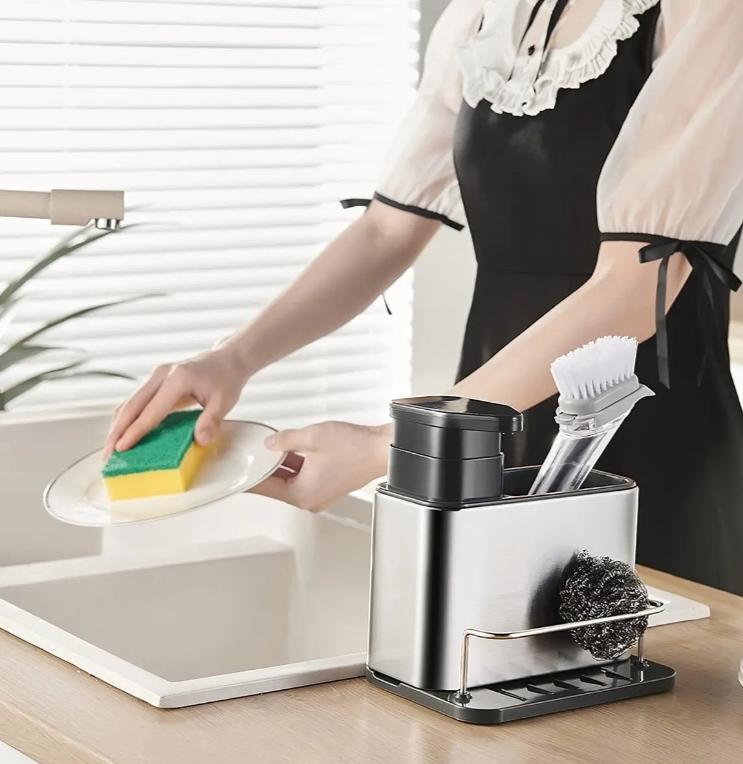 Organisateur d’évier 3-en-1 avec distributeur de savon et brosse - منظم حوض المطبخ الذكي 3 في 1 مع موزع صابون وفرشاة